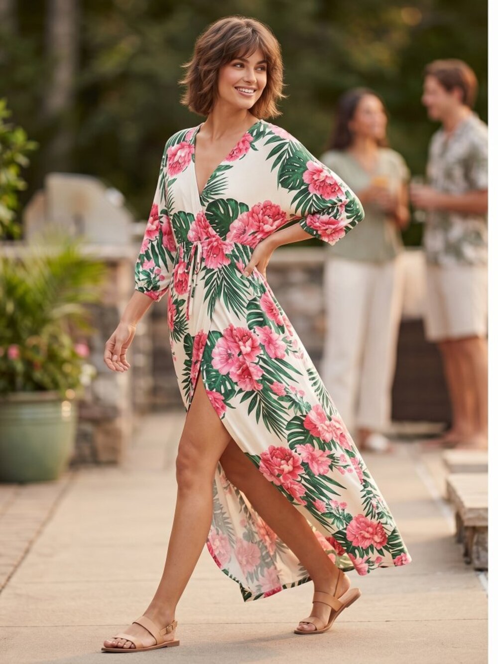 Venus Women M Maxi Dress White Pink Green Rayon Tropical Floral Slit Iconic Boho